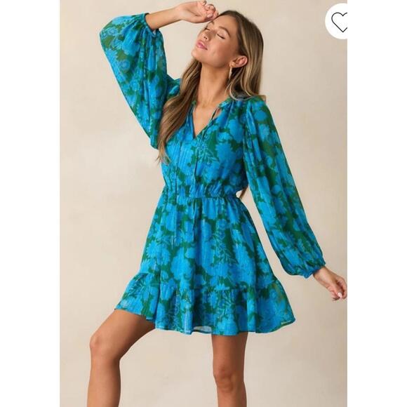 Sugar Lips Long Sleeve Teal & Green Chiffon Mini Dress. Ruffle. Bright. Large. - Picture 6 of 9